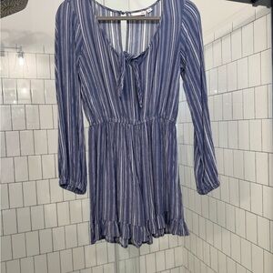 Blue Striped Tie-Front Long Sleeve Romper